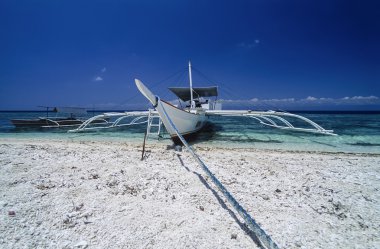 Filipinler, Balicasag Adası (Bohol); bancas (yerel ahşap balıkçı tekneleri) kıyıya - Film Scan