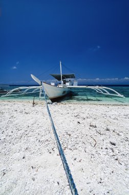 Filipinler, Balicasag Adası (Bohol), yerel ahşap balıkçı teknesi karaya - Film tarama