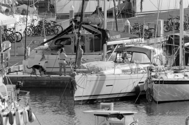 İtalya, Sicilya, Akdeniz, Marina di Ragusa (Ragusa Eyaleti); 7 Kasım 2020, limanda köpek ve lüks yatları olan çift - EDITORIAL