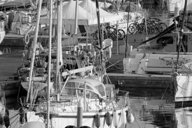 İtalya, Sicilya, Akdeniz, Marina di Ragusa (Ragusa Eyaleti); 7 Kasım 2020, limandaki bir yelkenli teknesinde köpeği olan insanlar - EDITORIAL