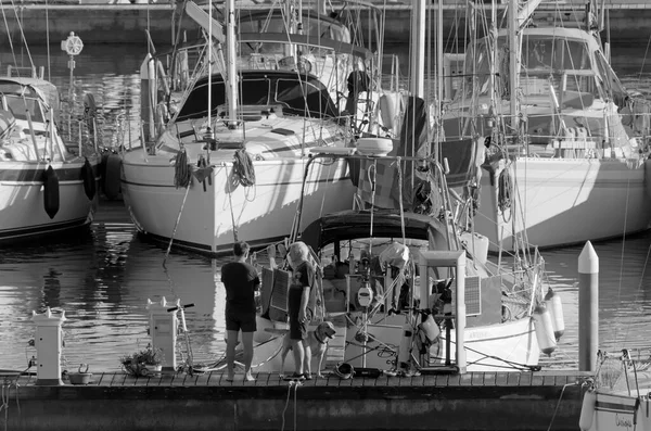 意大利 西西里 地中海 拉古萨海 拉古萨省 2020年11月15日 港口内携带狗和帆船的人 Editorial — 图库照片