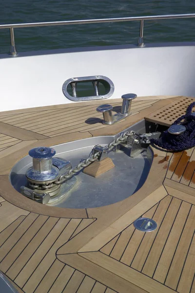 Italy Fiumicino Rome Alfamarine Luxury Yacht Bow Winch Anchor Chain — Stock Photo, Image