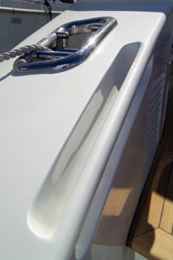 Italy, Fiumicino (Rome); MAIORA LUXURY YACHT in the port, steel bollard with nautical ropes 