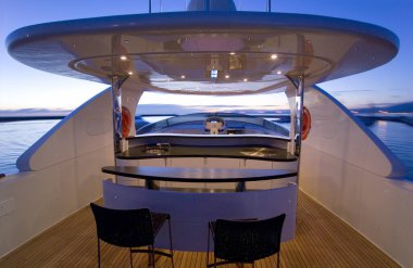 Italy, Fiumicino (Rome); 28 September 2005, MAIORA luxury yacht in the port, view of the flybridge at sunset - EDITORIAL