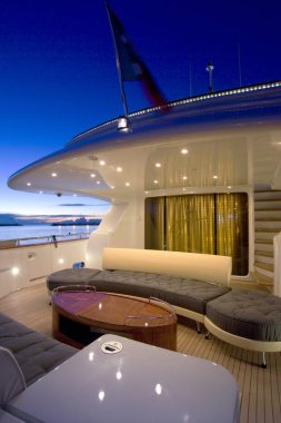 Italy, Fiumicino (Rome); 28 September 2005, MAIORA luxury yacht in the port, view of the stern couch at sunset - EDITORIAL