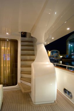 Italy, Fiumicino (Rome); 28 September 2005, MAIORA luxury yacht in the port, view of the side corridor and the staircase to the upper level at night - EDITORIAL