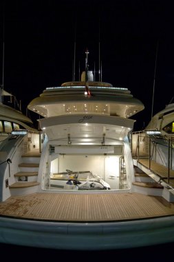 Italy, Fiumicino (Rome); 29 September 2005, MAIORA luxury yacht i the port, view of the stern and the tender rubber boat at night - EDITORIAL
