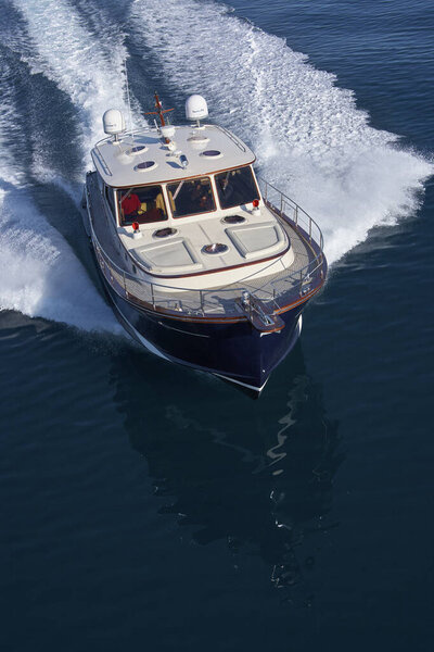 Italy, Tuscany, Viareggio; 12 January 2006, ABATI YACHTS PORTLAND 55 LOBSTER luxury yacht, aerial view - EDITORIAL