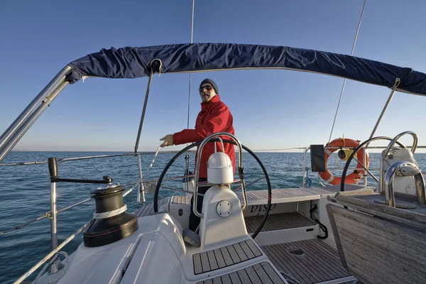 Italy Mediterranean Sea Sicily Channel Man Cruising Sailing Boat — Stock Photo, Image