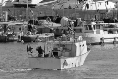 İtalya, Sicilya, Marina di Ragusa (Ragusa Eyaleti); köpekli balıkçı, tahta bir balıkçı teknesi ve limandaki lüks yatlarda. 