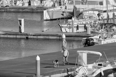 İtalya, Sicilya, Akdeniz, Marina di Ragusa (Ragusa Eyaleti); 17 Nisan 2021, limanda köpeği ve lüks yatları olan kadın - EDITORIAL