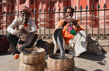 Hindistan. Rajasthan, Jaipur; 20 Ocak 2007, yılan oynatıcıları iki kral kobrayı (Ophiophagus hannah) Rüzgarlar Sarayı önünde dans ettirir - EDITORIAL