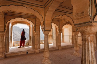 Hindistan, Rajasthan, Jaipur, Amber Kalesi, odalardan birinde sütunlar süslenmiş.