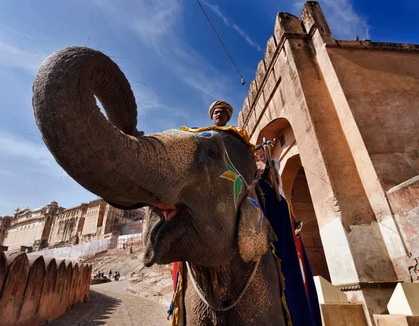 India Rajasthan Jaipur January 2007 Amber Fort Elephant Driver Editorial — Stock Photo, Image