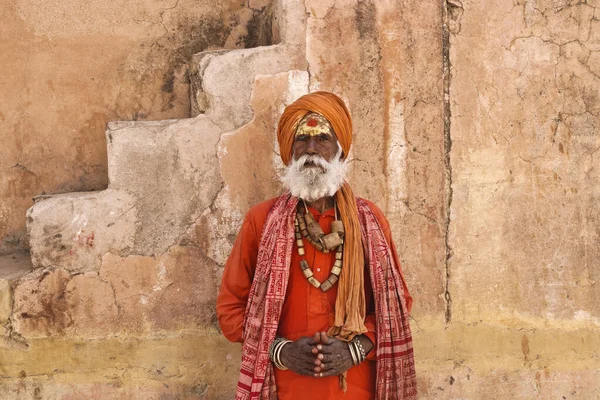 India Rajasthan Jaipur January 2007 Amber Fort Indian Sadhu Portrait — 图库照片