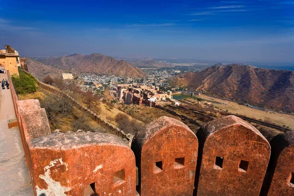 Indie Rajasthan Jaipur Bursztynowy Fort Zewnętrzne Mury Bursztynowego Fortu Bursztynowy — Zdjęcie stockowe