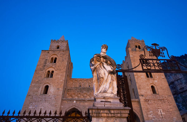 Italy, Sicily, Cefalu', view of the Cathedral (Duomo) at sunset