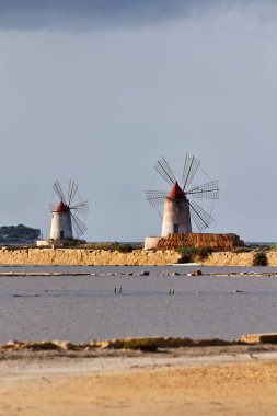 İtalya, Sicilya, Marsala (Trapani), Mozia tuz düzlükleri ve yel değirmenleri