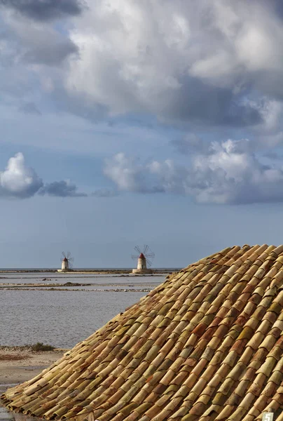 Talya Sicilya Marsala Trapani Mozia Tuz Düzlükleri Yel Değirmenleri — Stok fotoğraf