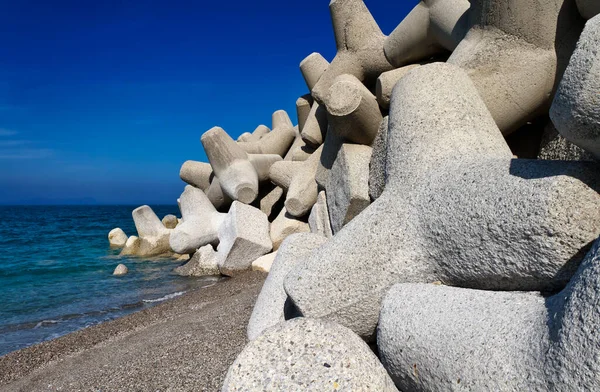 Italie Sicile Province Messine Tétrapodes Béton Sur Plage Près Port — Photo