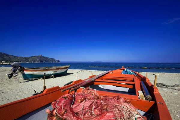 Italy Sicily Tindari Fishing Boats Beach Aeolian Islands Background — Stock Photo, Image