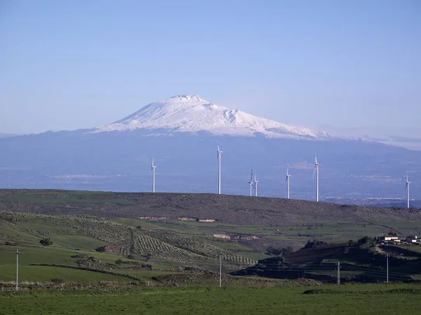 Italy Sicily Catania Province Countryside Eolic Energy Turbines Volcano Etna — Stock Photo, Image