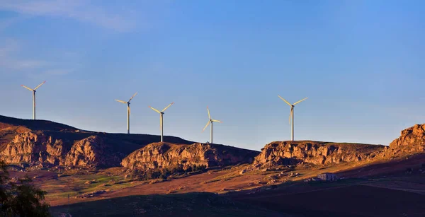 Italy Sicily Sicani Mounts Eolic Energy Turbines Sunset — Stock Photo, Image