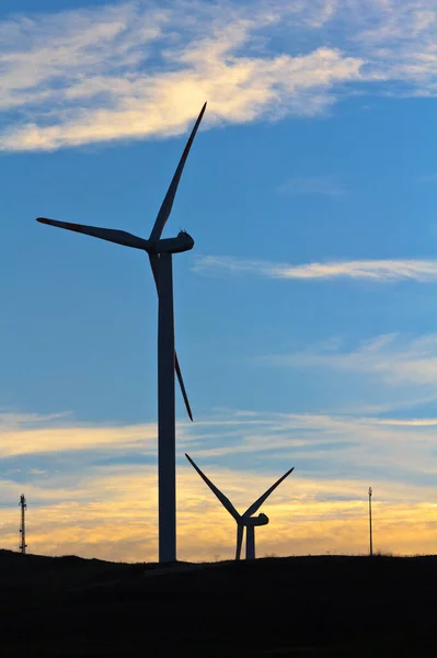 Italy Sicily Sicani Mounts Eolic Energy Turbines Sunset — Stock Photo, Image