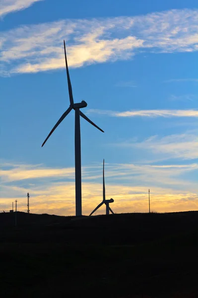 Italy Sicily Sicani Mounts Eolic Energy Turbines Sunset — Stock Photo, Image