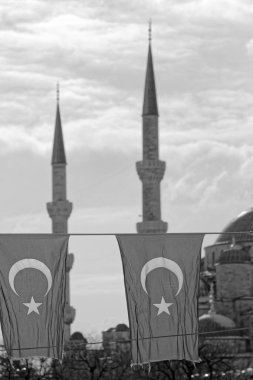 Türkiye, İstanbul, Türk bayrakları ve Sultanahmet İmparatorluk Camii, aynı zamanda Mavi Cami olarak da bilinir (mimar Mehmet tarafından 17. yüzyılda inşa edilmiştir.)