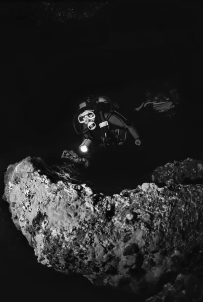 Diver and red sponges on rock — Stock Photo, Image