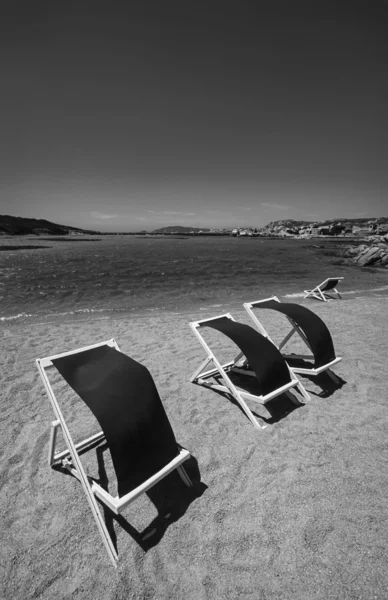 Cadeiras de convés na praia em um dia ventoso — Fotografia de Stock