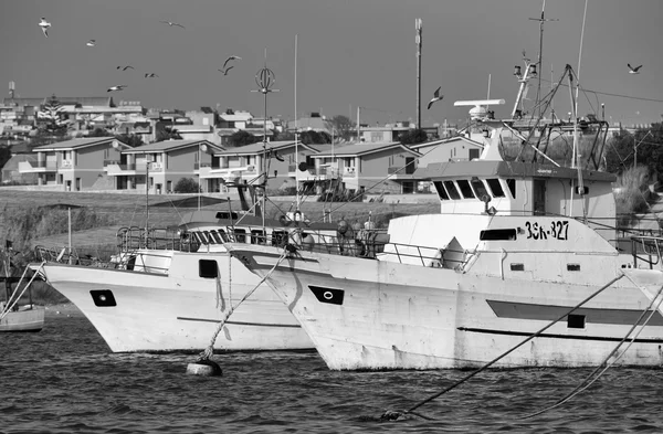 Wooden fishing boats and seagulls in the port — Stock Photo, Image