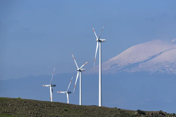 Aeolian energy turbines with volcano Etna — Stock Photo, Image