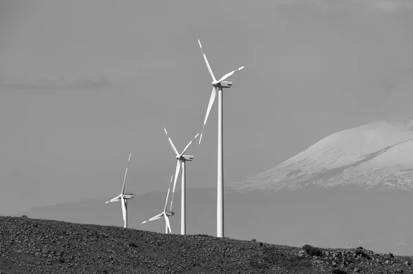 Aeolian energy turbines with volcano Etna — Stock Photo, Image