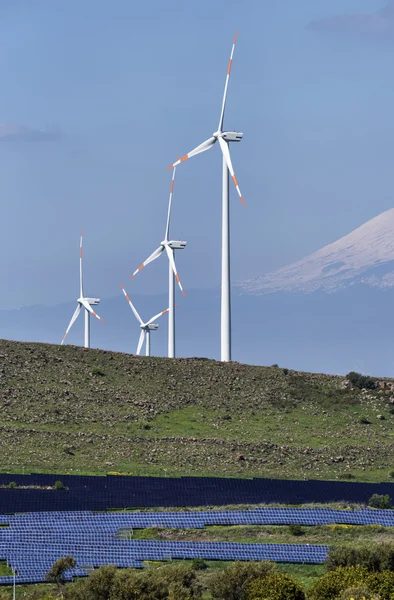 Aeolian energy turbines and solar energy panels — Stock Photo, Image