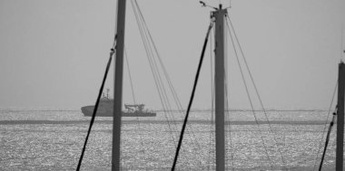 İtalya, Sicilya, Akdeniz, Marina di Ragusa (Ragusa Eyaleti); 23 Ekim 2025; limanda yelkenli gemi direkleri ve arka planda bir römorkör teknesi - EDITORIAL