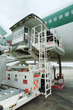 İtalya, Roma, Fiumicino Uluslararası Havalimanı; 6 Temmuz 2001, Alitalia uçağı pistte, kargo binişi - EDITORIAL