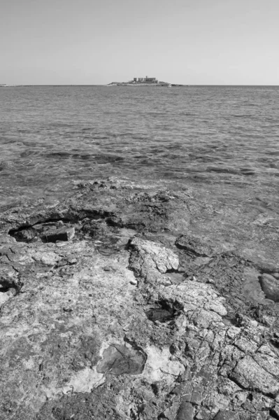 İtalya, Sicilya, Portopalo di Capo Passero (Siracusa Eyaleti), küçük Correnti adası ve güneydoğu kayalık sahili manzarası