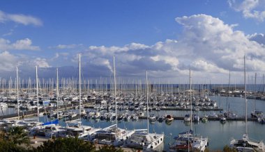 İtalya, Sicilya, Akdeniz, Marina di Ragusa (Ragusa Eyaleti); limanda motorlu tekne ve lüks yatlar