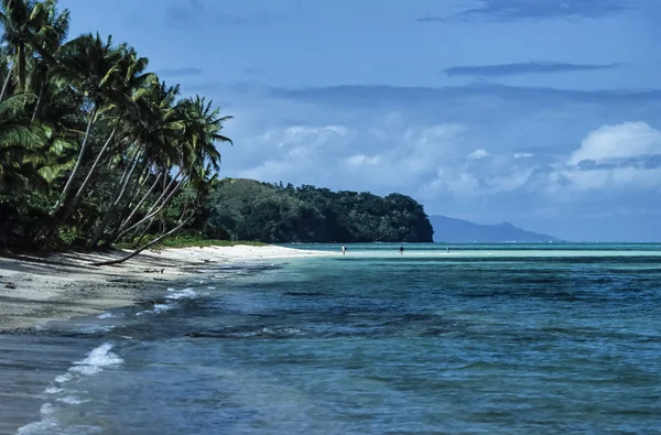 Ilhas Fiji, Ilha Viti Levu, coqueiros tropicais e pessoas caminhando na praia - FILM SCAN — Fotografia de Stock