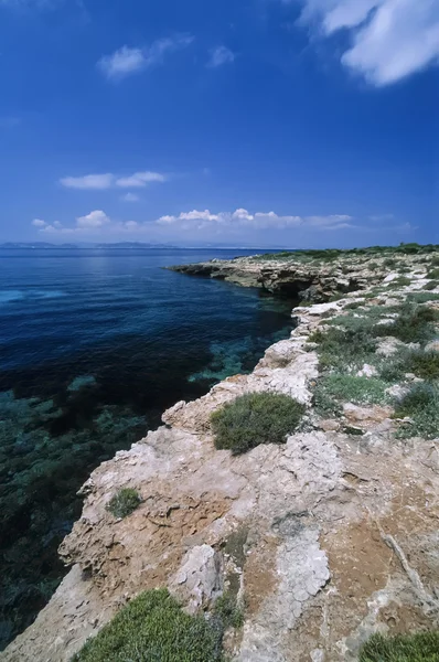 Ισπανία, Ίμπιζα, άποψη της Espardell το νησί βραχώδη ακτή - σάρωση φιλμ — Φωτογραφία Αρχείου