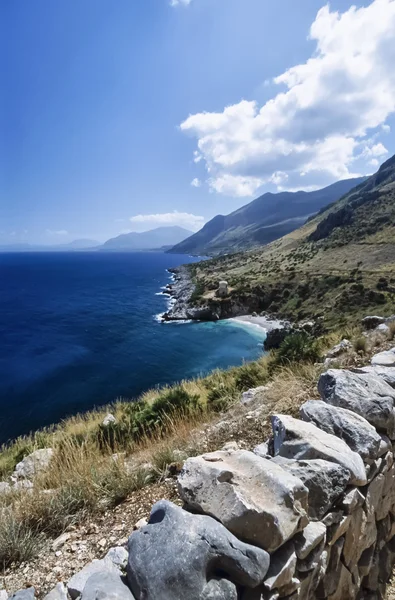 Italy, Sicily, Tyrrhenian Sea, view of the sicilian rocky coastline near San Vito Lo Capo (Zingaro National Park) - FILM SCAN — Stock Photo, Image