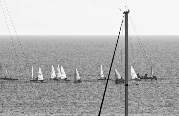 イタリア、シチリア島、地中海、マリーナ ディ ラグーザ。2015 年 12 月 8 日、マリーナ - 社説外でディンギーの競争 — ストック写真