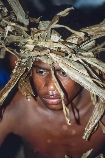 Fiji Islands, Lautoka; 28 january 2001, young man in traditional fijian outfit - EDITORIAL (FILM SCAN) — Stock Photo, Image