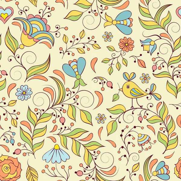 Motif avec des fleurs abstraites et oiseau — Image vectorielle