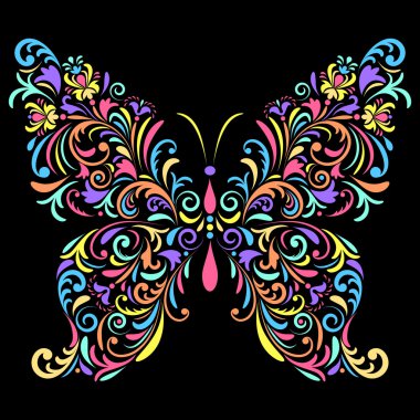 siyah arka plan üzerine çiçek kelebek