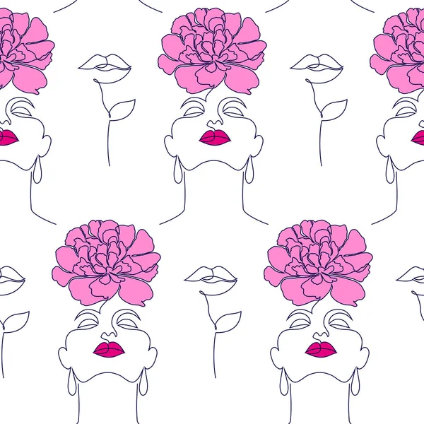 Patrón con caras de mujer y labios florales — Vector de stock