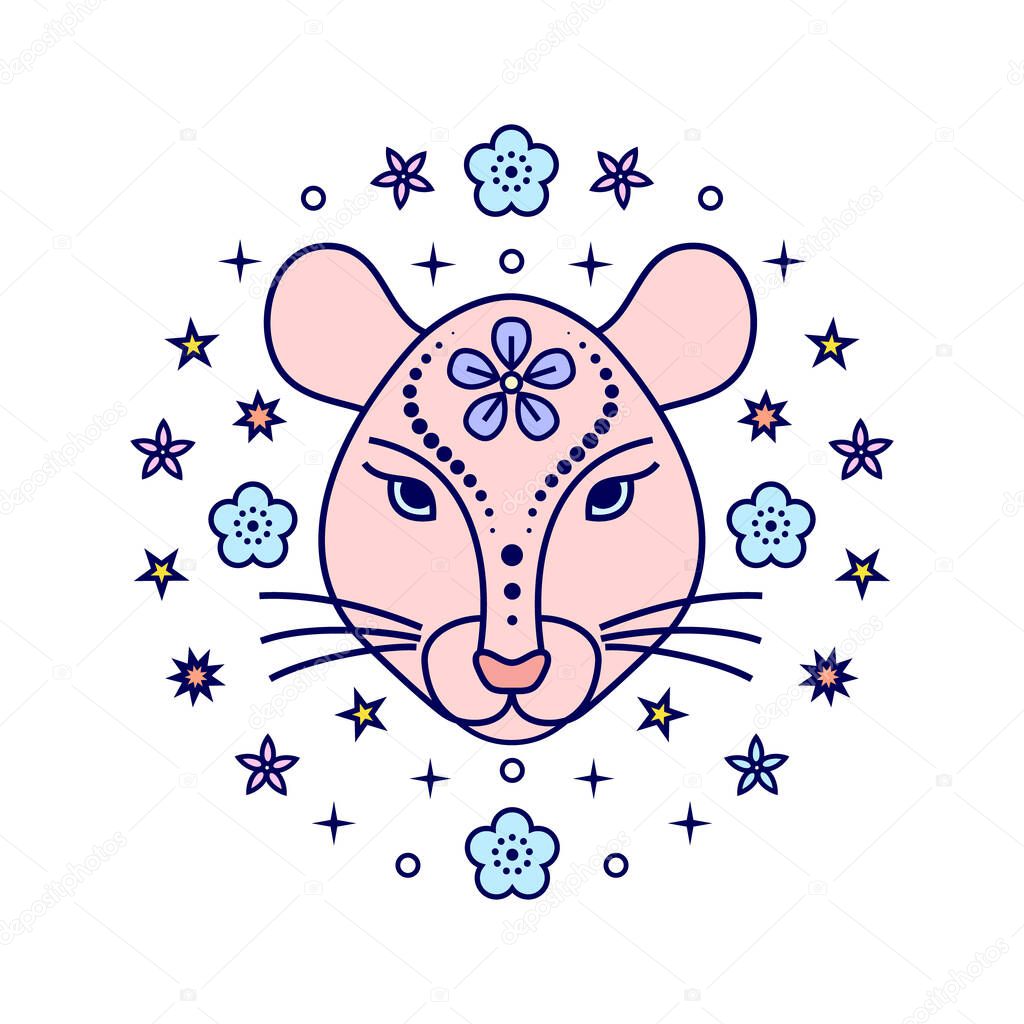 Rat Chinese zodiac sign in line art style on white background.