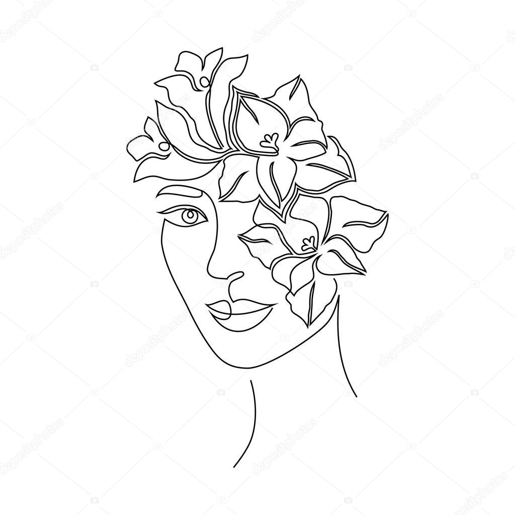 Minimal woman face on white background.One line drawing style.